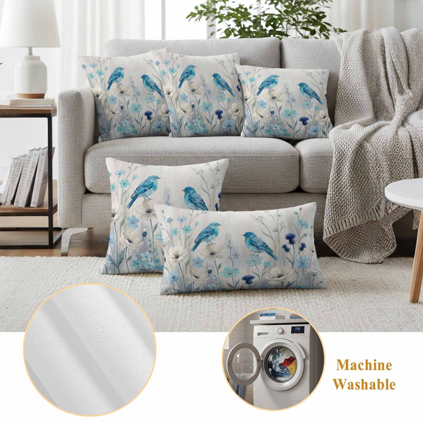 Spring Flowers Pillow Covers 2 Pack Watercolor Blue Bird Floral White Country Style Pillowcase Waterproof Outdoor Throw Pillow Cover for Patio Garden Square Cushion 18”x18”