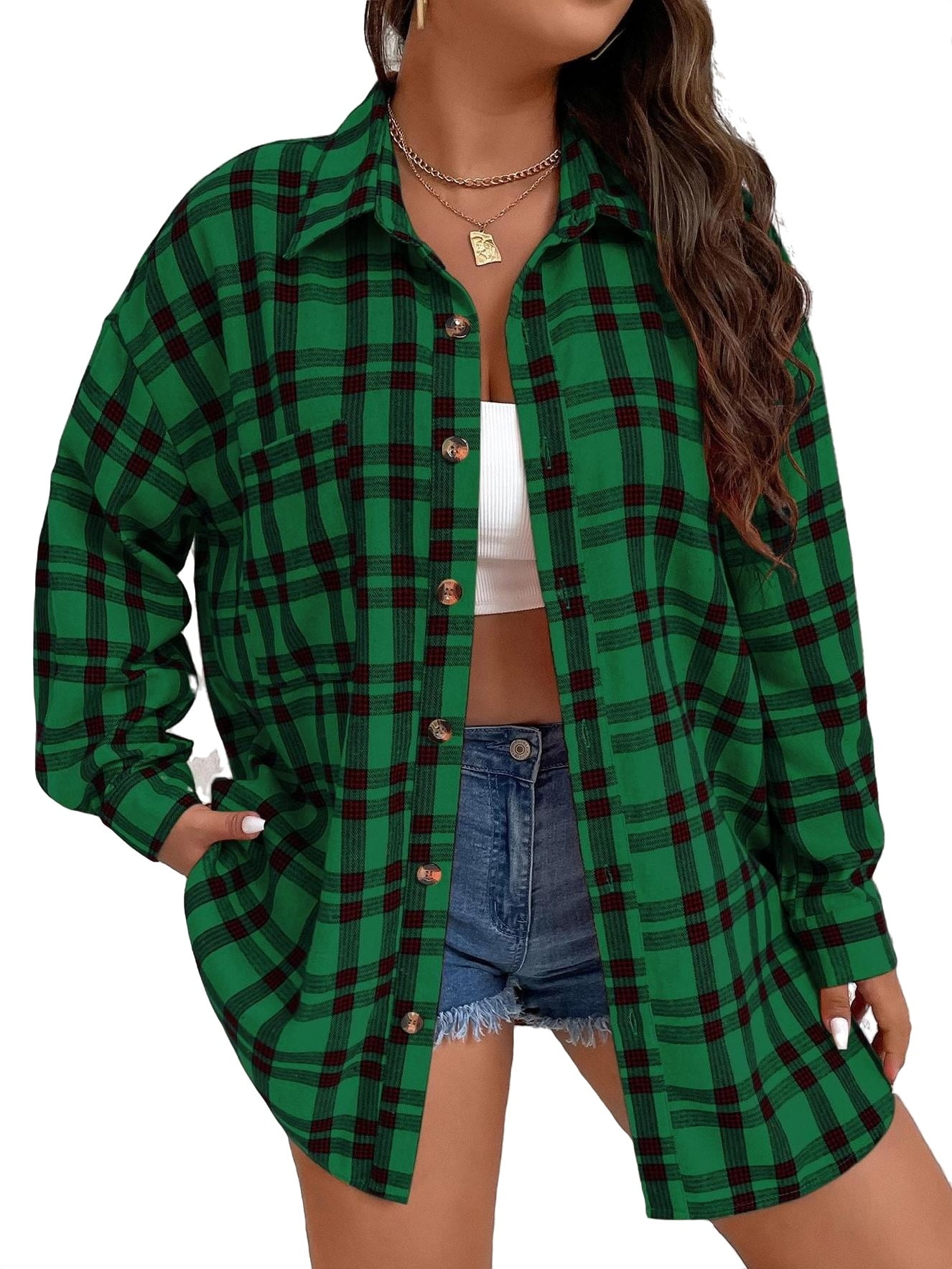 Casual Plaid Collar Shirt Long Sleeve Dark Green Plus Size Blouses  (Women's) - Walmart.com