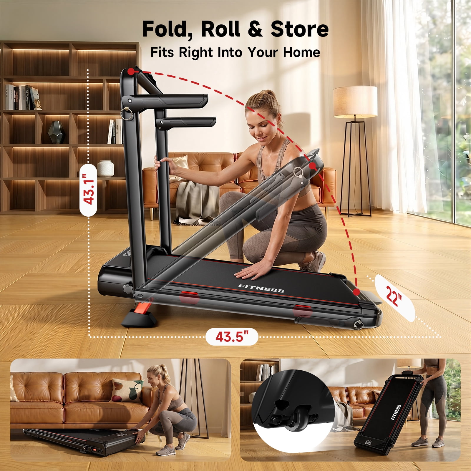 RHYTHM FUN Walking Pad with Incline for Home, Foldable Treadmill with Adjustable Handle, 300 lbs Capacity, LED Display, No Installation
