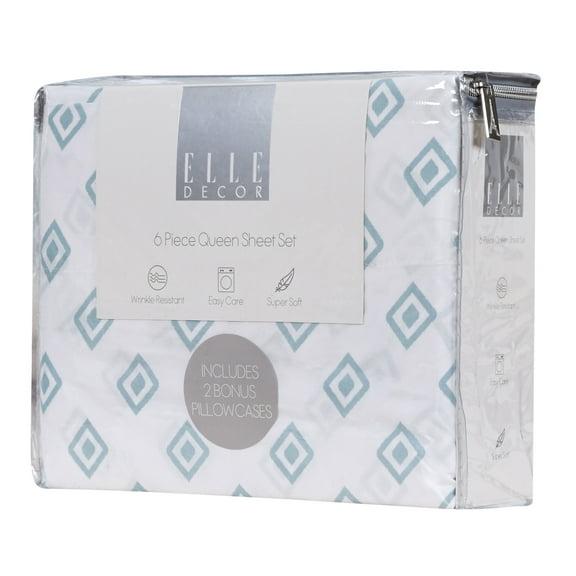 Elle Decor Printed Pattern 6-Piece Ultra Soft Breathable Printed Bedding Bed Sheet Set - White with Baby Blue - Size King
