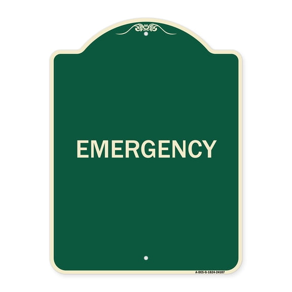 SignMission Designer Series Sign - Emergency | Green & Tan 18" x 24" Heavy-Gauge Aluminum Architectural Sign | Protect Your Business & Municipality | Made in the USA