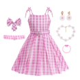 thumbnail image 4 of Vestido de princesa Barbie rosa para niñas, disfraz de película para juego de rol con cinturón, vestido con tirantes a cuadros, atuendo de cumpleaños para Halloween, para vestir de 2 a 10 años, 4 of 5