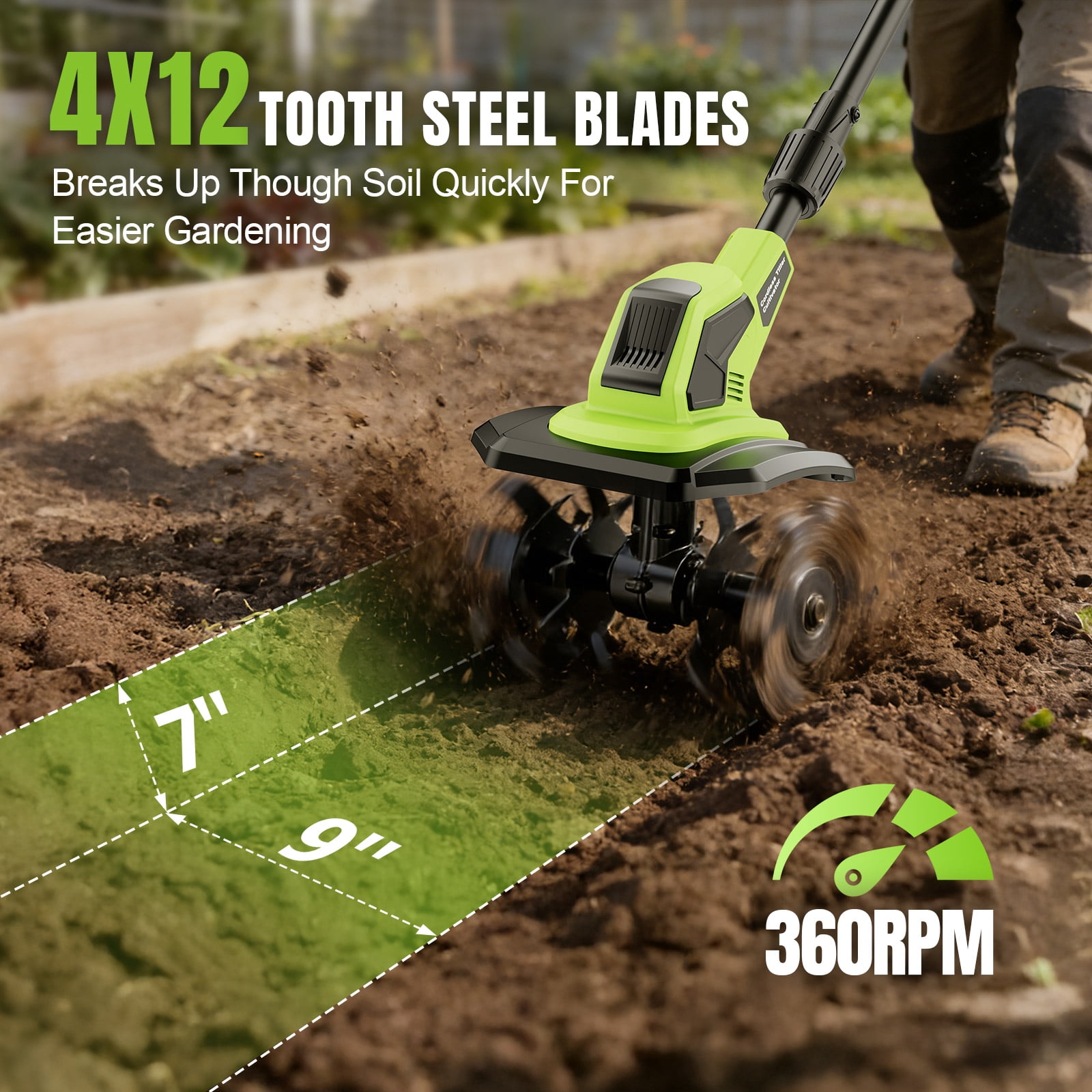 Fovendi 21V Cordless Tiller Cultivator, 360RPM Electric Garden Tiller, with 2 * 3.0Ah Batteries & Charger, 9In Tilling Width and 6.7In Depth Garden Rototiller for Lawn/Gardening/Soil Cultivation