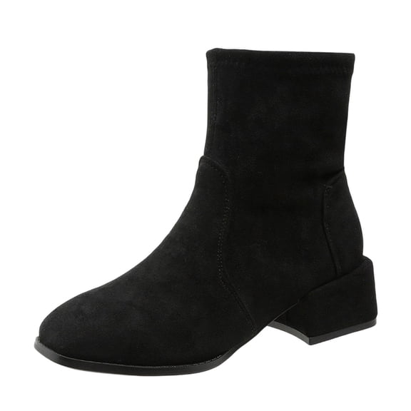 hopeusnice Round Toe Stretch Chunky Heel Ankle Boots Women Suede Fashion Boots for Street Style Black 35