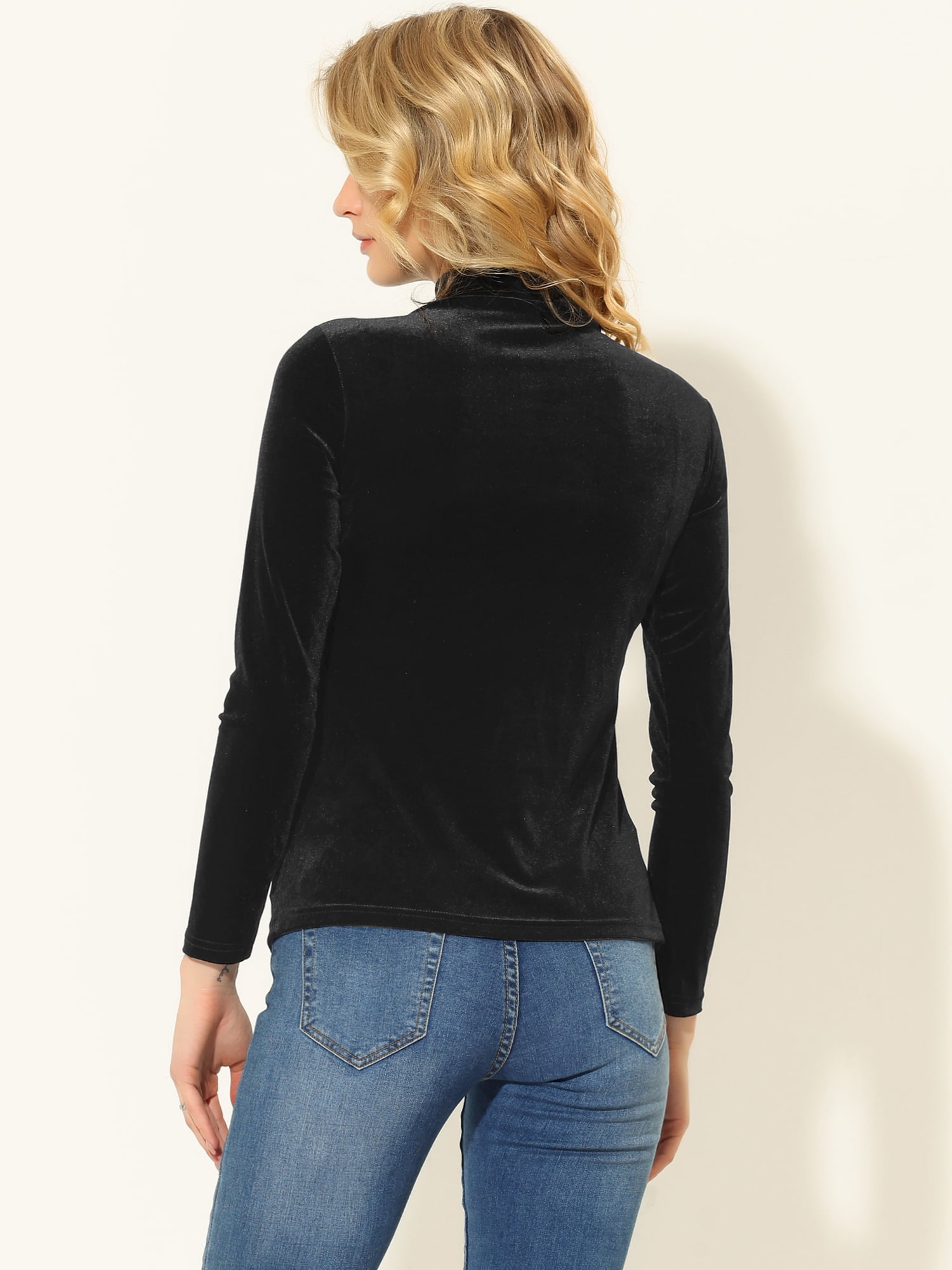 DARING DIVA Turtleneck Stretchy Velvet Basic Blouse L Black