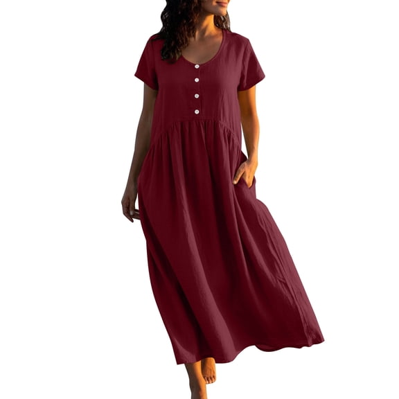 cocolona Womens Summer Linen Maxi Dress Button V Neck Short Sleeve Ruffle Flowy Long Dress Loose Vacation Beach Sun Dress with Pockets