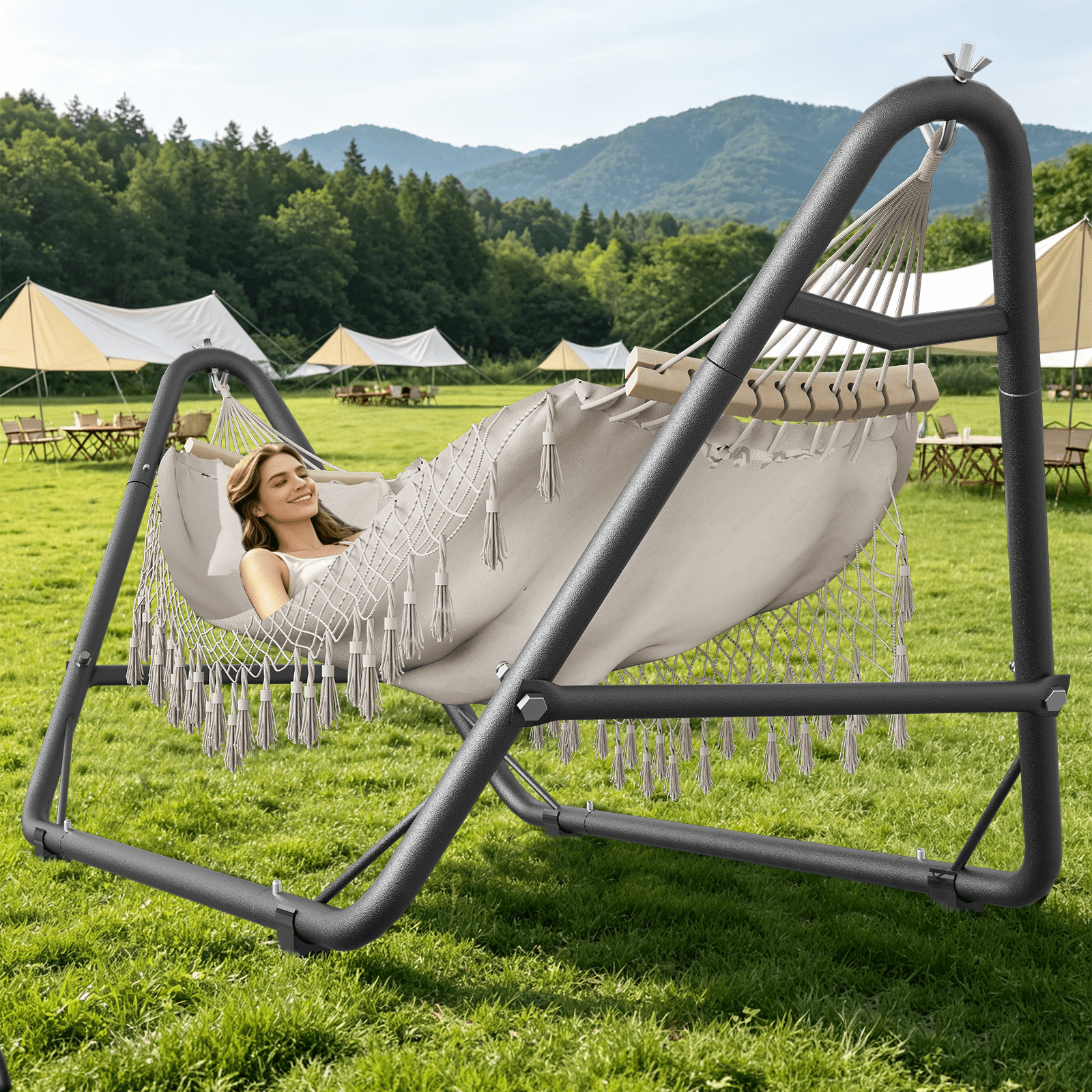 Yacona Hammock with Stand for Outside, Heavy Duty Steel Hammocks with Pillow for Backyard, Porch, Patio, Garden, White