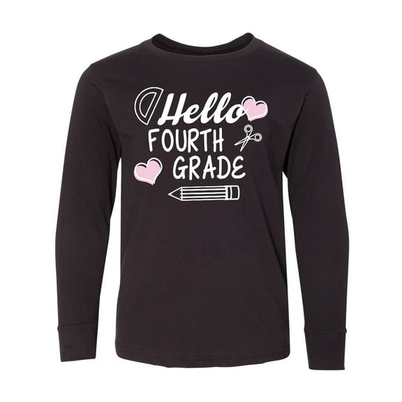 Inktastic Hello 4th Grade with Hearts and School Supplies Long Sleeve Youth T-Shirt