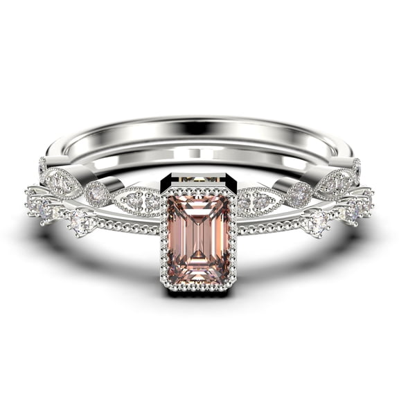 Art Deco 1.75 Carat Emerald Cut Morganite And Diamond Moissanite Thin Engagement Ring, Slim Wedding Ring in 10k Solid White Gold, Bridal Rings Set, Holiday Gift, Promise Ring, Anniversary Ring
