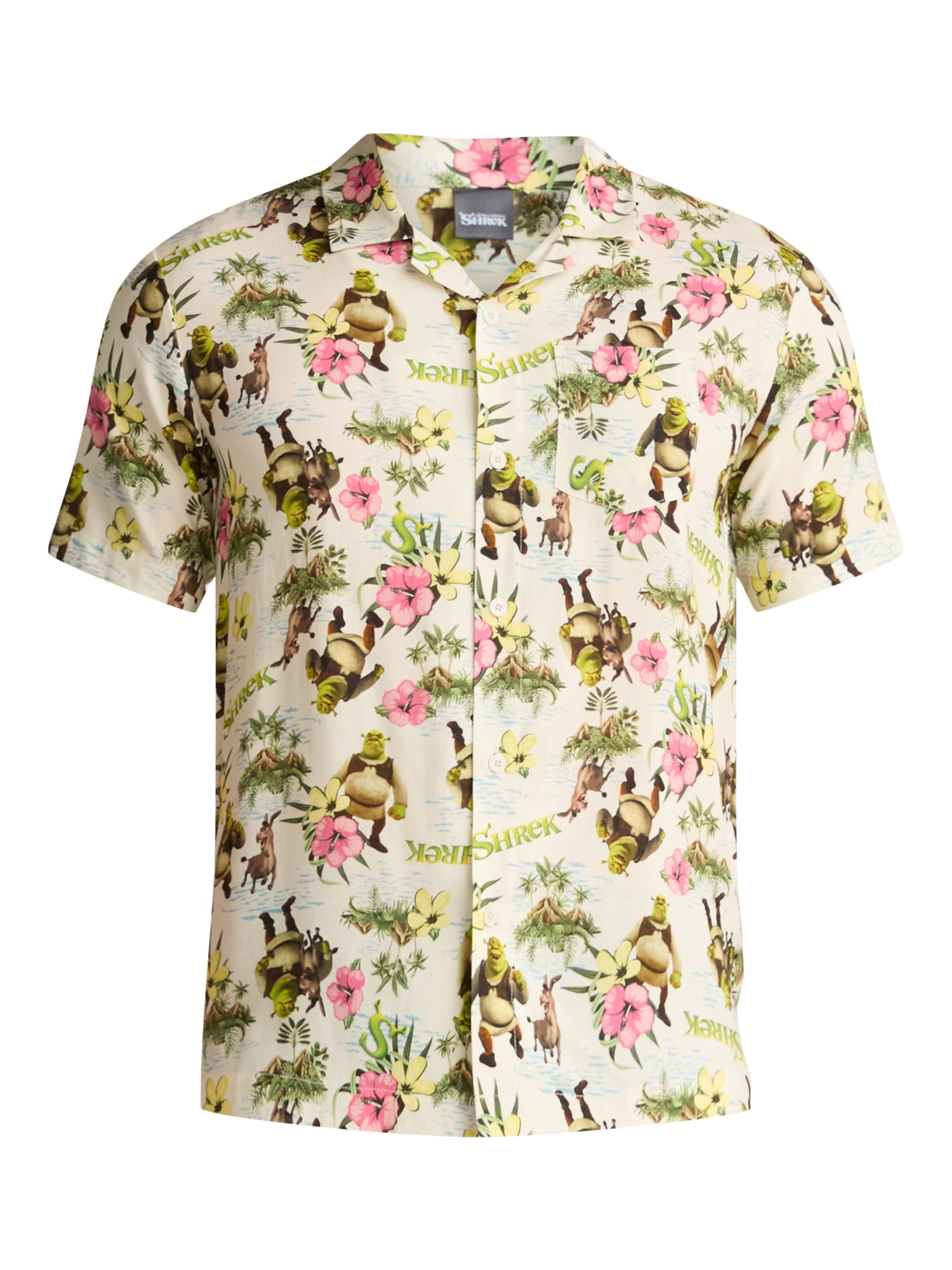 Shrek Men's and Big Men's Swamp Flowers Graphic Button Up Shirt, Sizes S-3XL