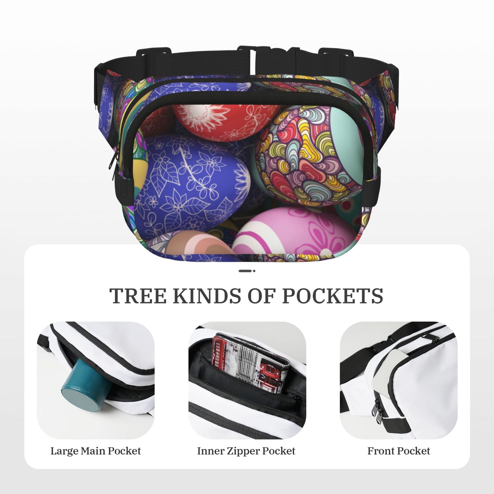 Picia Easter Eggs1 Print Square Double-Layer Waist Bag Mini Adjustable Waist Belt Bag Exercise Running Travel Hiking