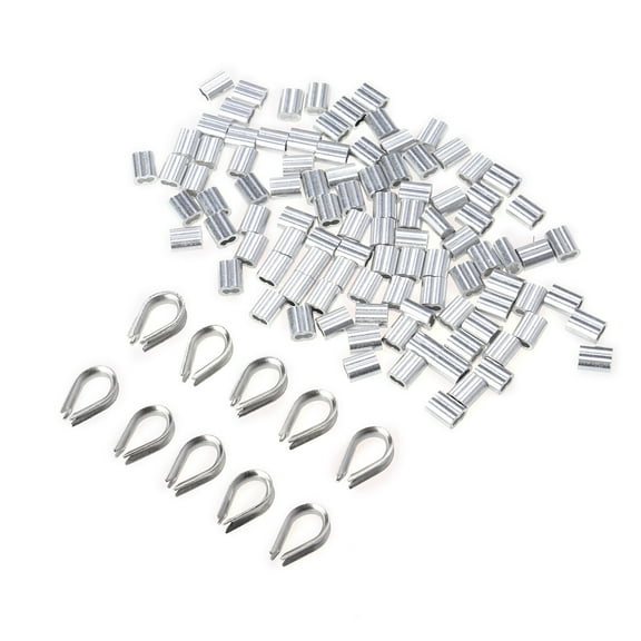 50pcs 8 Shaped Wire Rope Aluminum Sleeves Clip Fittings Cable Crimps and 10pcs Stainless Steel Thimble Combo