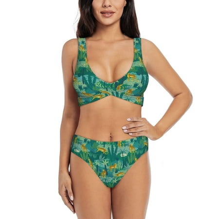 Zeuib Jungle Leopard High Waisted Tummy Control Bikini Set - Knot Front Push Up Top & Cheeky Thong Bottom  Two-Piece Swimsuit for Women-Small