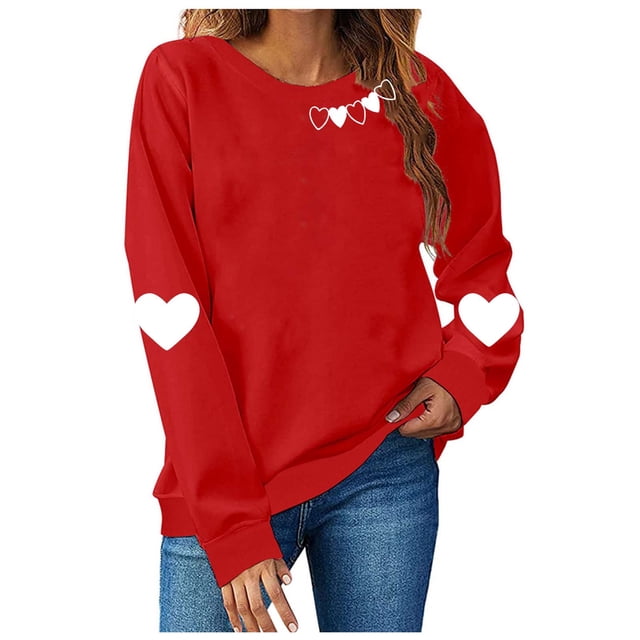 Cadeaux de Printemps TIMIFIS Valentines Day pour Elle Cœur Chandail pour Femmes Mode Mignon Imprimé Amour Col Rond Chandails en Molleton Décontractés Manches Longues Tenues Printemps Automne - Printemps/été