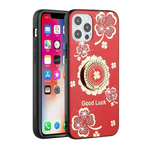 Designed for Apple iPhone 15 Plus (6.7") Diamond 3D Bling Sparkly Glitter Ornaments Engraving Hybrid Ring Stand Fashion Phone Case Cover [Red Good Luck Floral]
