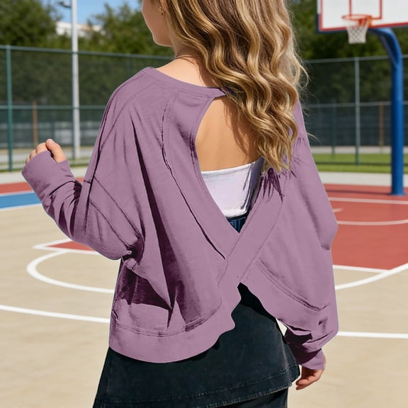 Girls Long Sleeve Crop Tops, Kids Back Criss‑Cross Cutout Casual Shirts, Loose Raglan Sleeve Solid Color Tees for Little Girls Daily Back To School Sport Wear