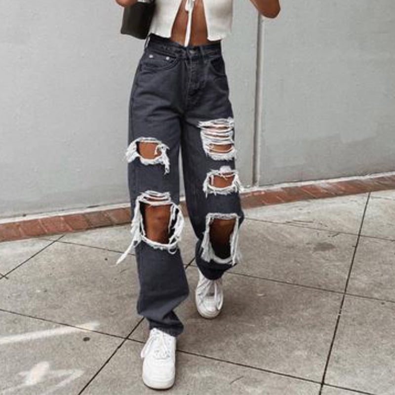 Women High Waisted Baggy Ripped Jeans Boyfriend Fashion Large Denim ...