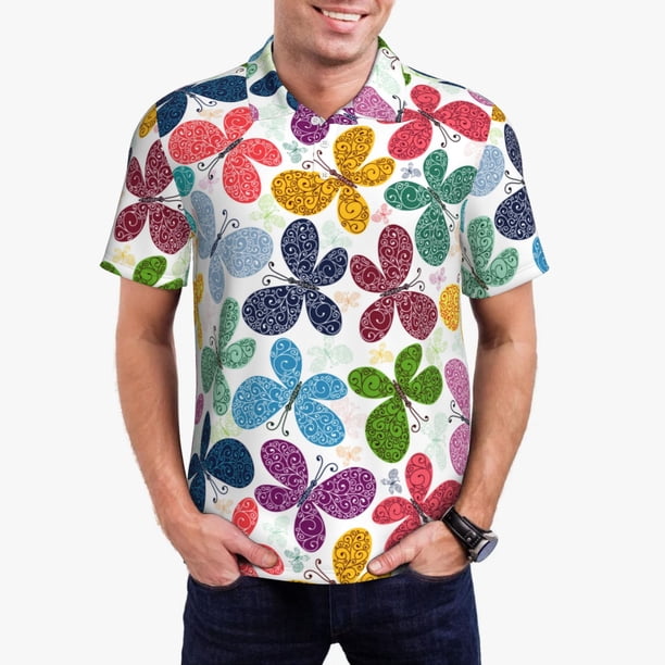 Fotbe Colorful Butterflies Camiseta Polo de Golf para Hombre con Estampado – Camisa Deportiva Transpirable con Cuello Abotonado-Medium