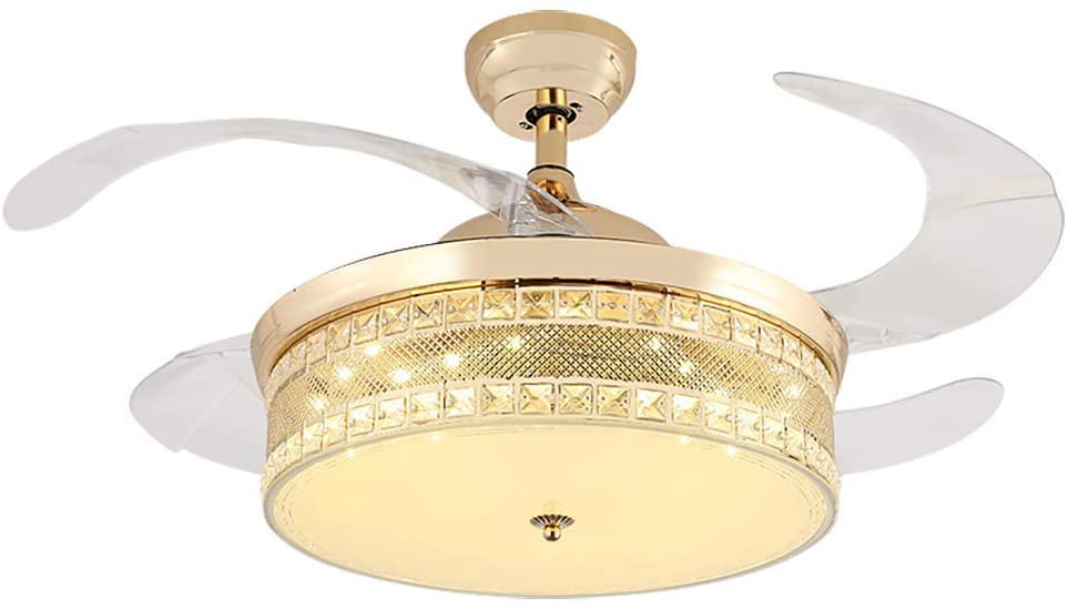 42" Gold Retractable Crystal Ceiling Fan Lamp LED Chandelier Fixture w/ Remote 