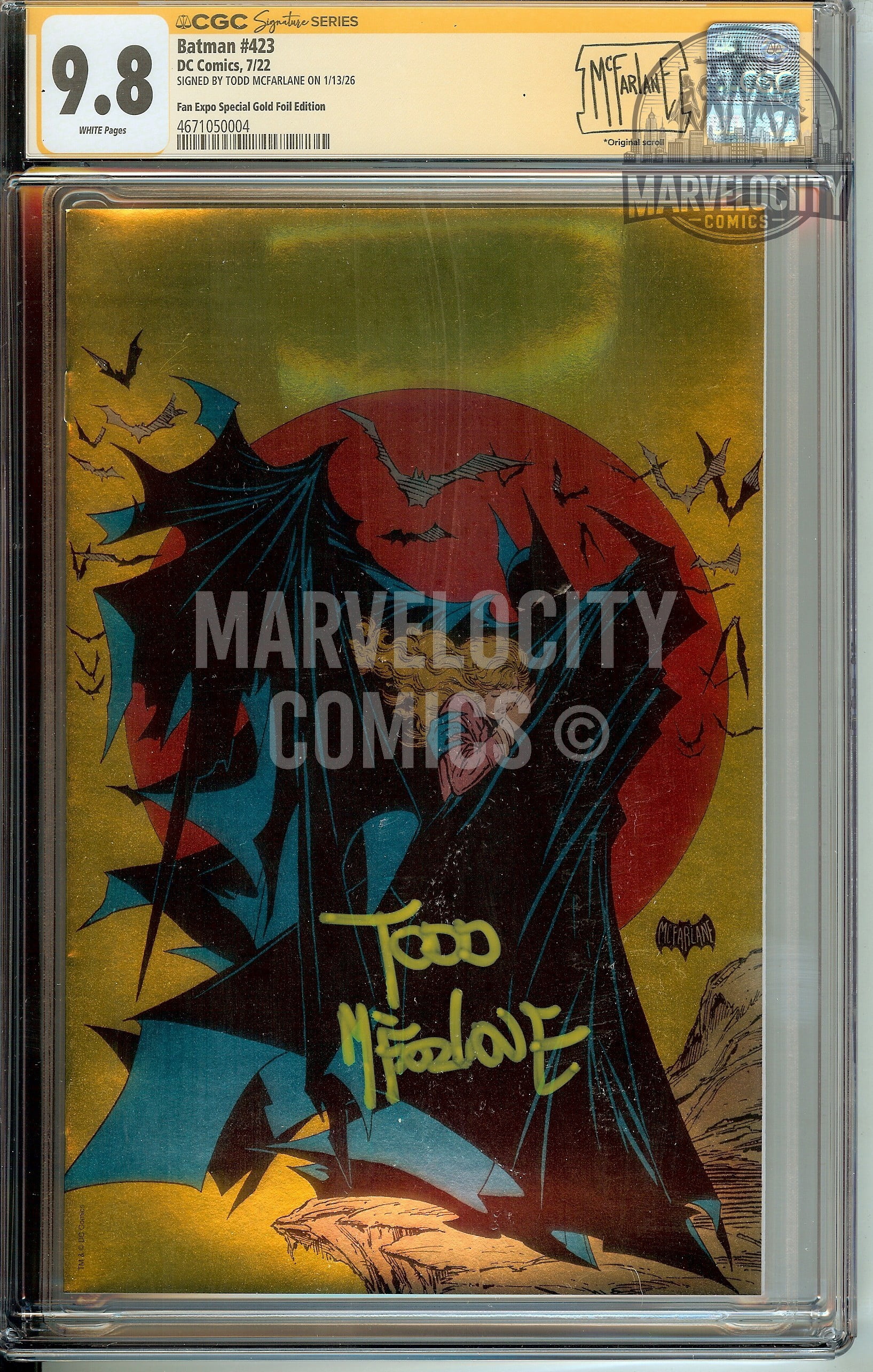 BATMAN 423 🔑 GOLD FOIL CGC 9.8 SS SIGNED TODD MCFARLANE VIRGIN VARIANT MINT