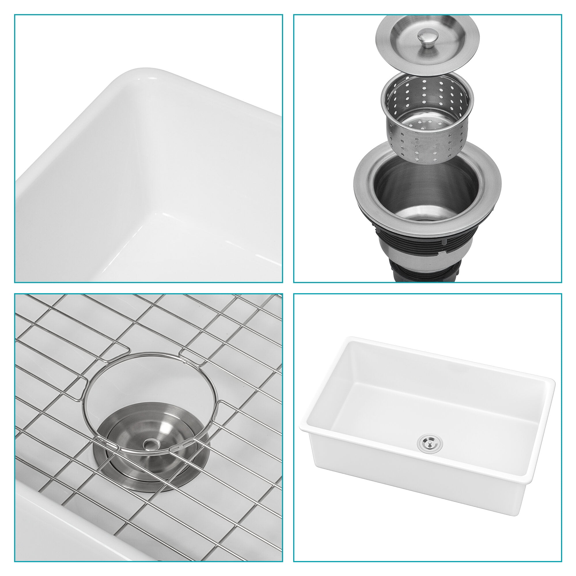 32" Undermount Single Bowl Ceramic Kitchen Sink, Dual Mount White Farmhouse Sink with 10" Depth, Includes Stainless Steel Grid & Basket Strainer