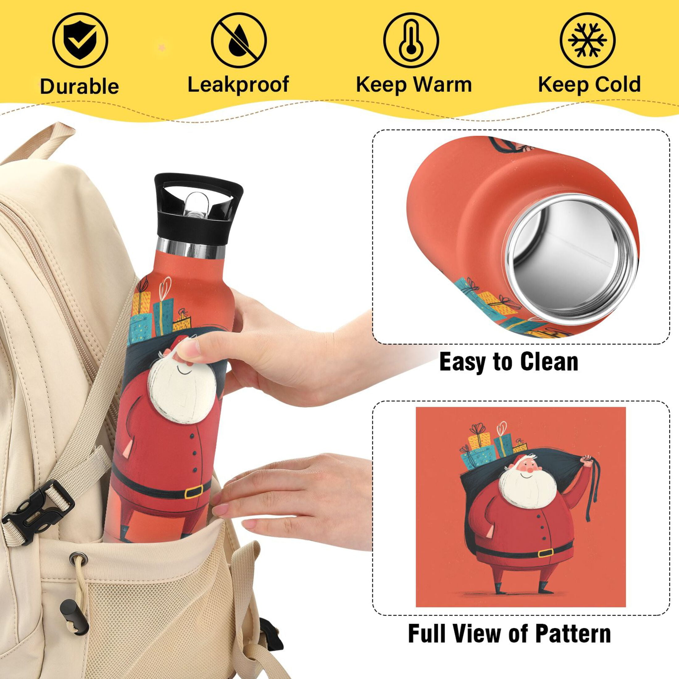600ML Stainless Steel Insulated Cup Sports Water Bottle Portable Thermos Cup Water Glasses Insulated Tumblers Convenient and Durable Red Cartoon Santa Claus