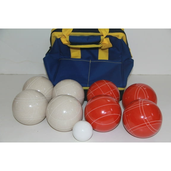Italian/American Made, 110mm EPCO Bocce Set - Rustic White/Red Balls and Blue/Yellow Bag