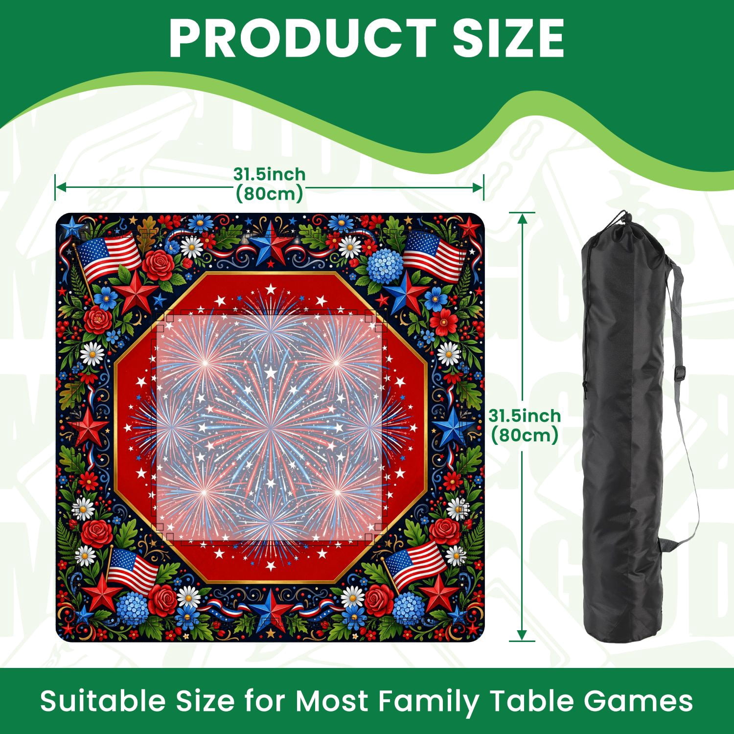 Mahjong Mat 31.5" x 31.5" Patriotic Fireworks American Flags Floral Borders Non-Slip Noise Reduction American Mahjong Tiles Table Cover for Dominoes Poker Card Board Games Gift