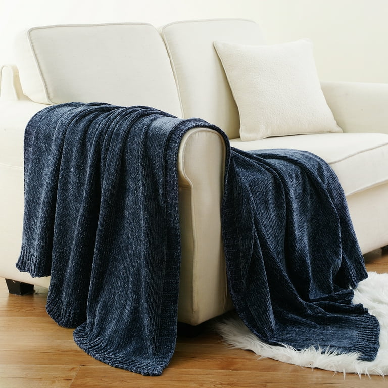 Battilo Navy Blue Chenille Knit Throw Blanket, Lightweight, Cozy