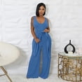 thumbnail image 2 of Womens V Neck Wide Leg Jumpsuits with Pockets Ribbed Long Sleeve Coat Pants 2 Piece Sets Outfits, 2 of 4