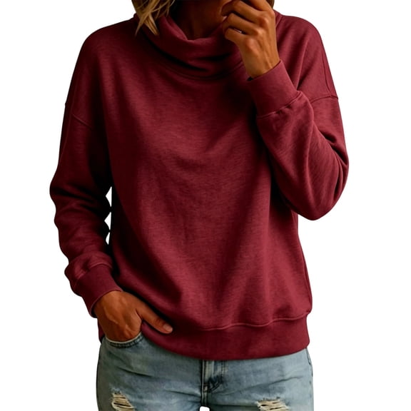 VEKDONE Womens Turtleneck Sweatshirt Fall Drop Shoulder Long Sleeve Sweatshirt Trendy Loose Fit Lightweight Pullover Tops Solid Color Casual Shirts Wine S