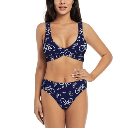 Zeuib Bicycle1 High Waisted Tummy Control Bikini Set - Knot Front Push Up Top & Cheeky Thong Bottom  Two-Piece Swimsuit for Women-X-Large