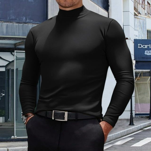 TrdSipl Chandails à Col Roulé pour Hommes Manches Longues Décontractées Chandails Thermiques Col Montant T-Shirt Uni Hiver Ajusté Basique Noir TG