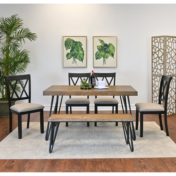 Newboti Furniture Arroyo 6-Piece Dining Set, Hairpin Dining Table with 4 Cross-back Chairs and Bench, Rich Black 74506