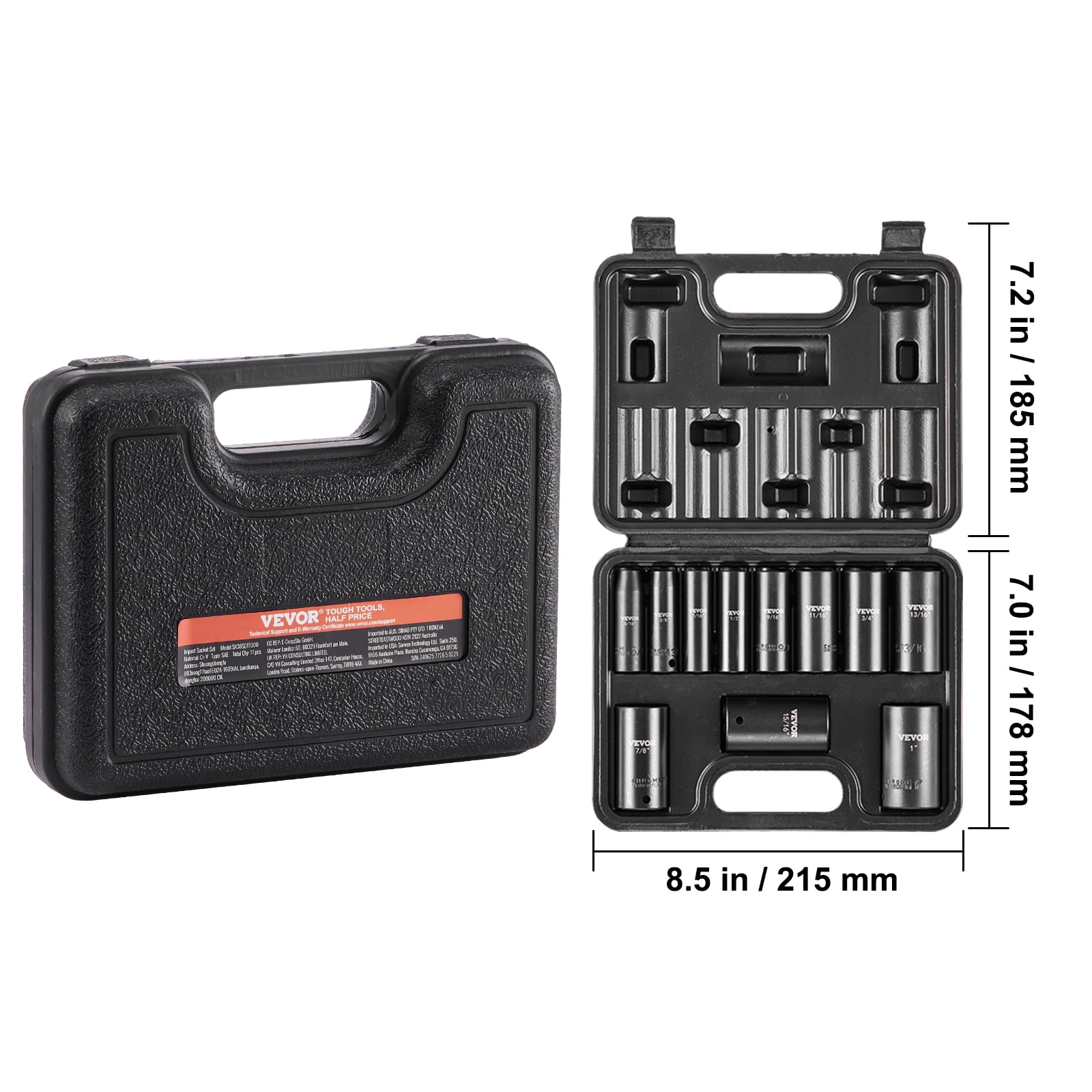 VEVOR 3/8" Drive Impact Socket Set, 11 Piece Deep Socket Set SAE 5/16"-1", 6 Point CR-V Alloy Steel for Auto Repair, Easy-to-Read Size Markings, Rugged Construction, Includes Storage Case
