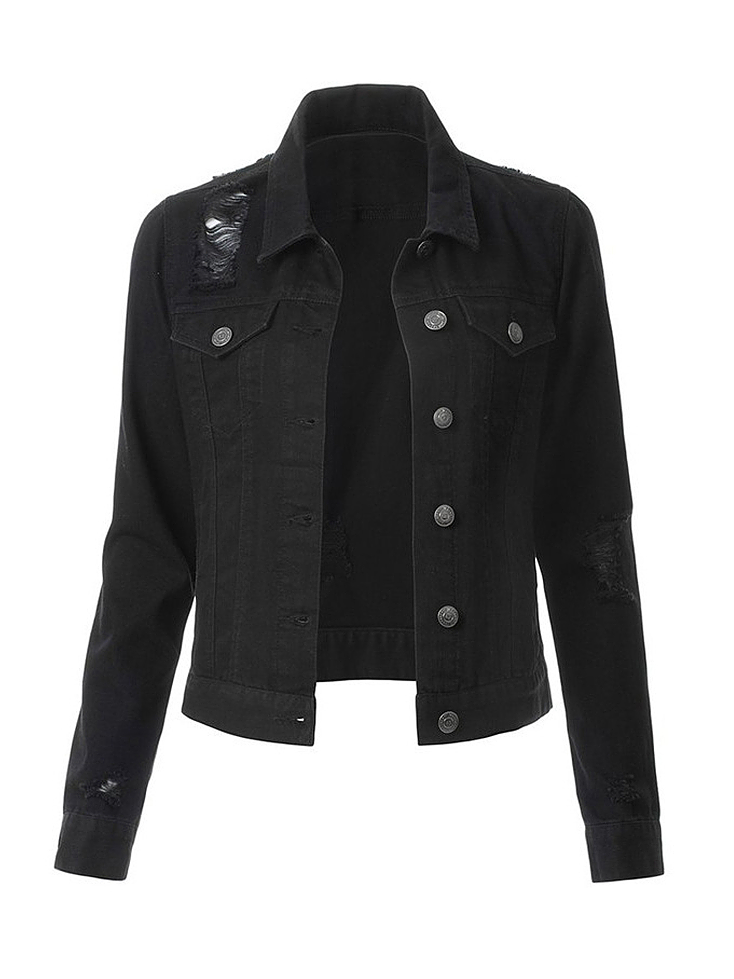 Women Casual Classic Denim Jean Jacket Oversize Vintage Distressed Ripped Denim Outwear Long Sleeve Boyfriend Denim Jacket Coat - image 1 of 2