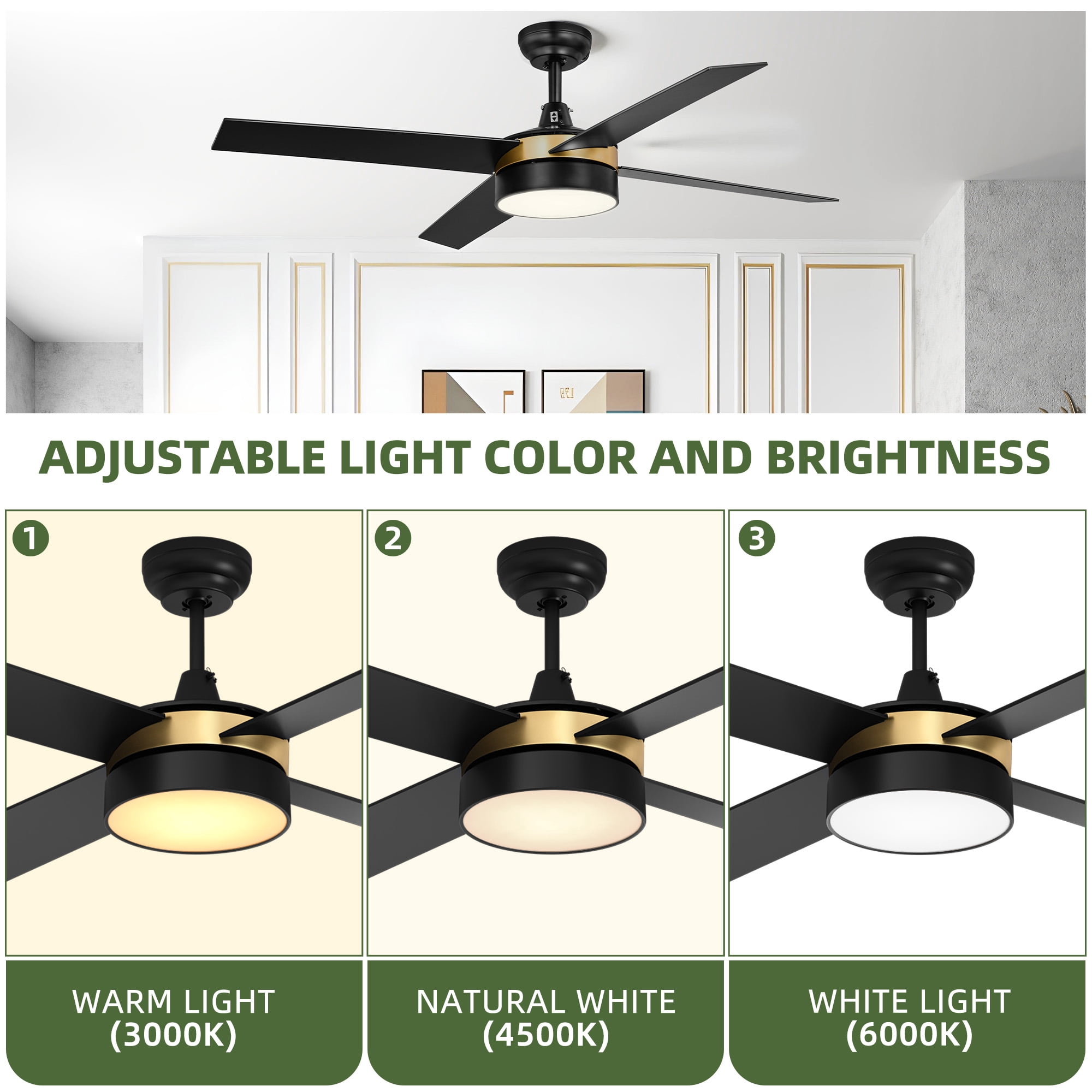 Uforic 52 Inch Black Gold Ceiling Fans with Light and Remote, Modern Dimmable Fan for Indoor Outdoor