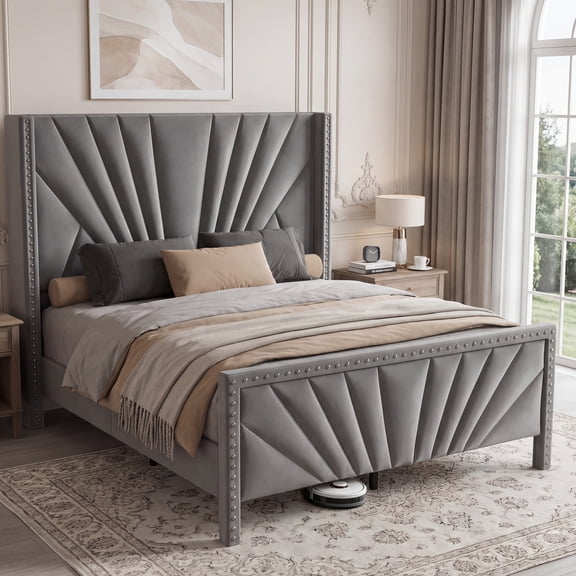 YOKWOK Queen Bed Frame with 55" High Upholstered Headboard, Platform Metal Bed Frame with Nailhead Trim Decor, Solid Wood Slats Supports, No Box Spring Needed, Easy Assembly, Dark Grey
