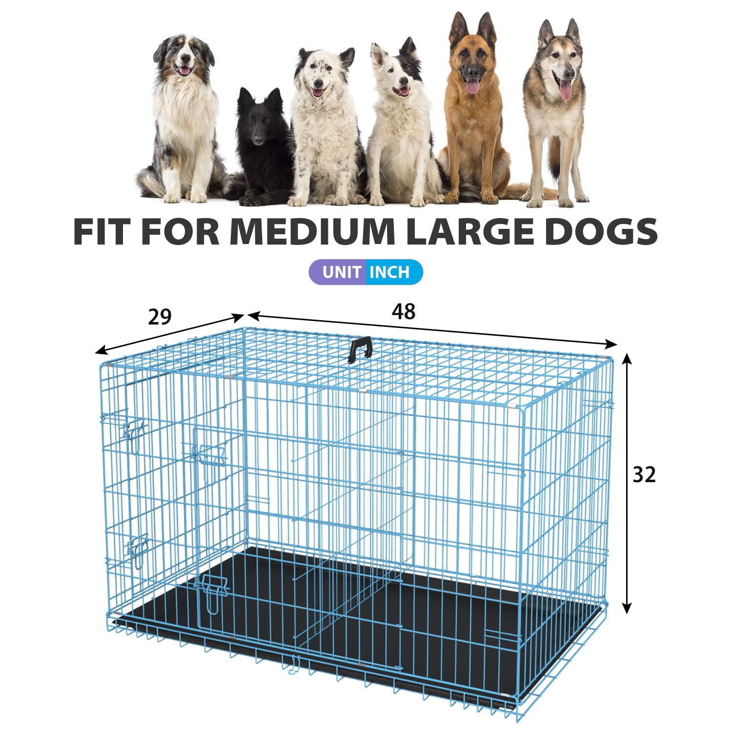 BORGEBY 48 Inch Dog Crates for Large Dogs Folding Metal Wire Crates Dog Kennels Outdoor and Indoor Pet Dog Cage Crate with Double-Door,Blue