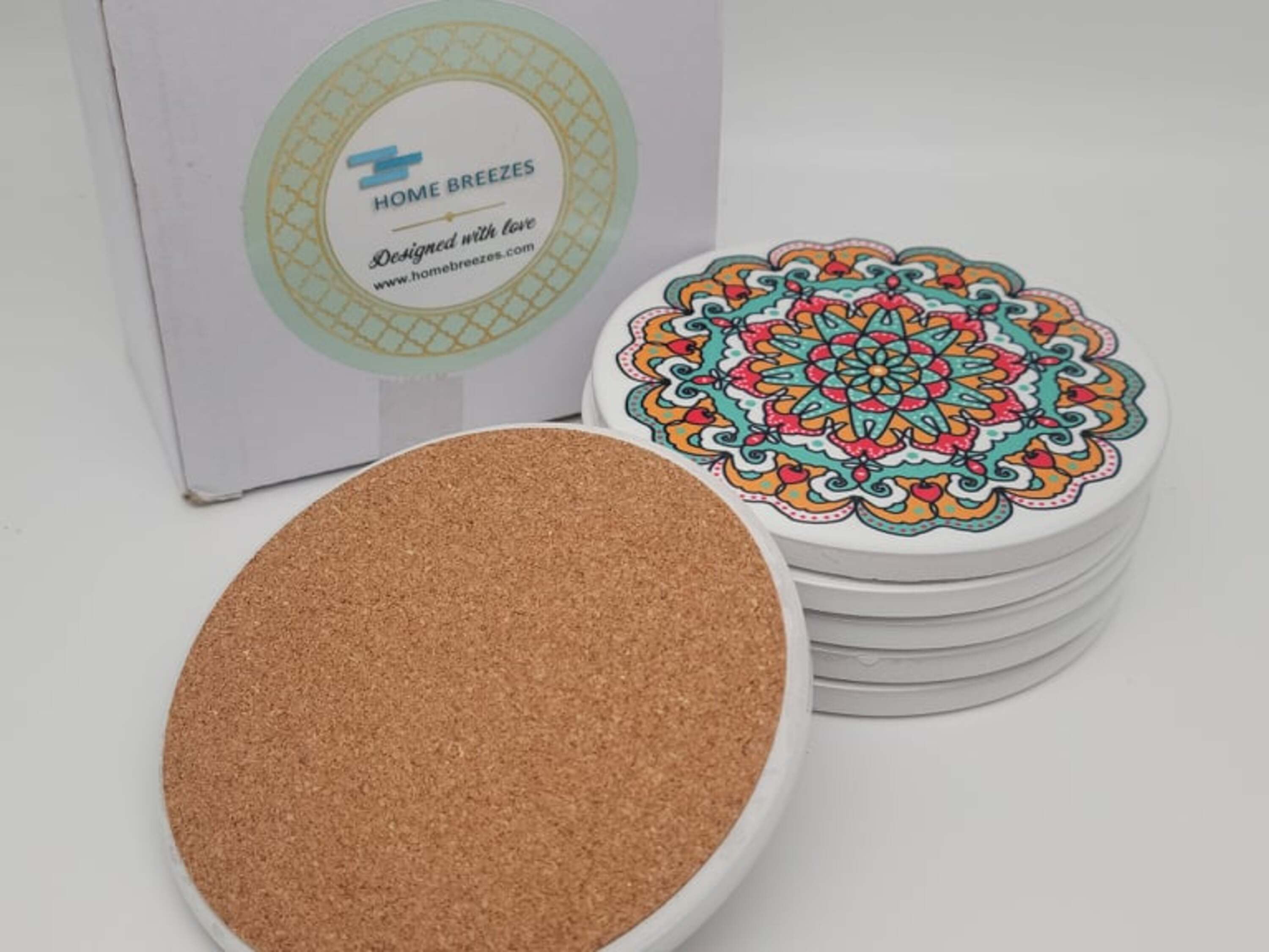 N/B Coaster for Drinks 2 Pack Ceramic Stone Coaster Plant Style Coaster for Drinks in Vibrant Colors and Cork Back Pad Keep Desk Clean and Dry 