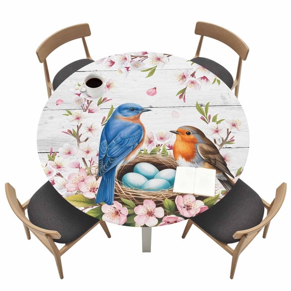 Birds Floral Fitted Tablecloth with Elastic Edged, Round Table Cloth for Dining Table, Farmhouse Country Pink Flower Leaf Wood Grain Waterproof Oil Proof Table Cover for Indoor Outdoor 36"-44"