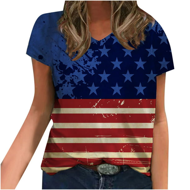 4th of July 2023 Tshirts for Women American Flag Top V Neck Patriotic ...