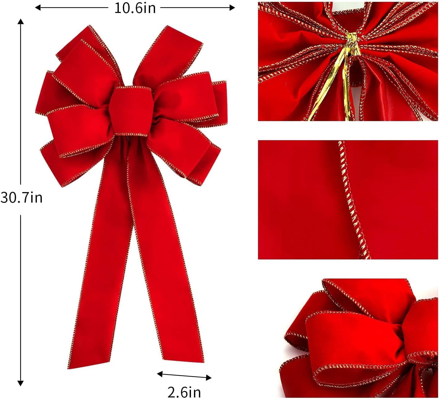 Ebaokuup 2 Pcs Large Christmas Bow-30.7" x 10.6" Christmas Golden Edged Red Velvet Bow-Christmas Tree Topper Ornament Bow for Xmas Home Wreath Decoration