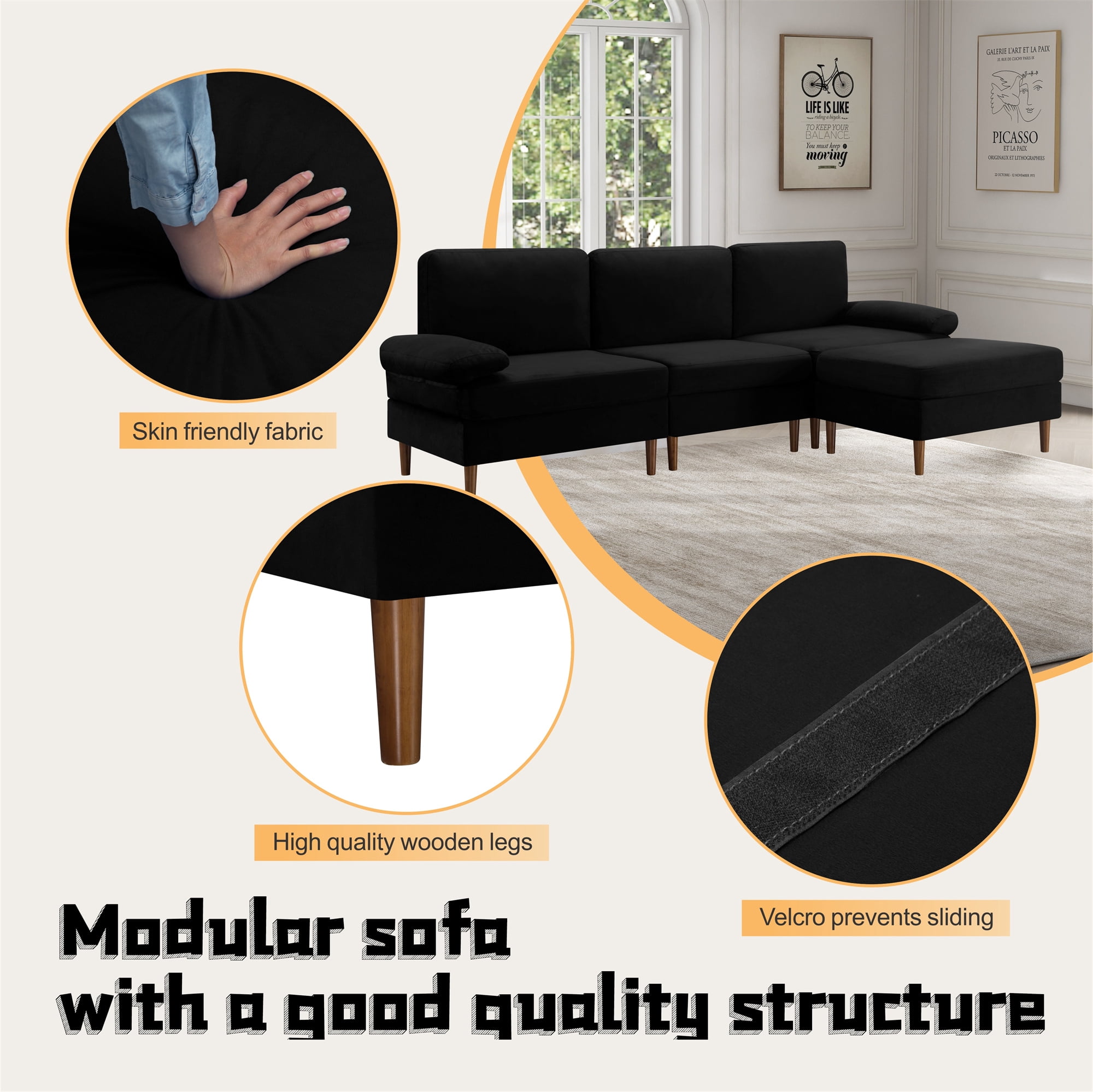 Aukfa 100" Velvet Sectional Sofa Modular Couch with Chaise for Living Room, Black