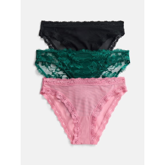 Joyspun Women's Lace Cheeky Panties, 3-Pack, Green Tropic/Terracotta/Black, Size S