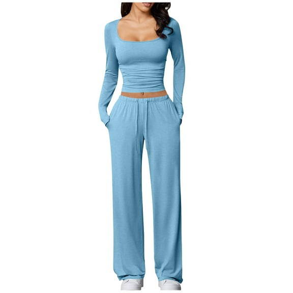 Efsteb Women's 2 Piece Outfits Long Sleeve Square Neck Crop Tops Wide Leg Tracksuits Casual Work out Set (Light Blue,S)