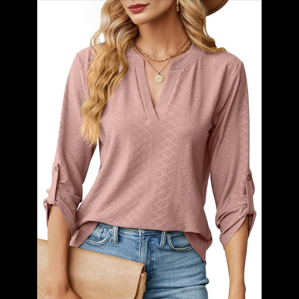 Blusas Elegantes e Informales para Mujer, Camisetas de 3/4 con Cuello en V y Mangas Enrollables. Rosa Grisáceo L