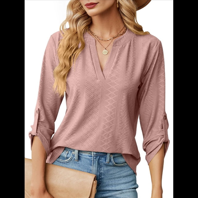 Blusas Elegantes e Informales para Mujer, Camisetas de 3/4 con Cuello en V y Mangas Enrollables. Rosa Grisáceo XL