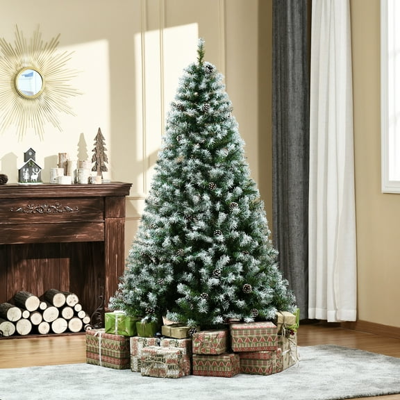 HOMCOM 6ft Unlit Snow-Dusted Full Fir Artificial Christmas Tree with Realistic Branches, 61 Pine Cones and 800 Tips