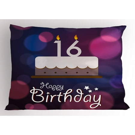 16th Birthday Pillow Sham Cake with Candle Anniversary of Birth Best Wishes Young Image, Decorative Standard Size Printed Pillowcase, 26 X 20 Inches, Fuchsia and Dark Blue, by